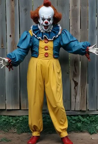 a clown that is standing in front of a fence,horror clown,scary clown,creepy clown,klowns,pennywise,clown