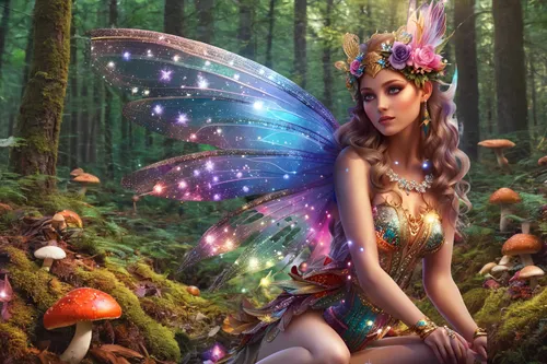 a huge forest of mushrooms ,faerie,faery,fairy queen,fairy,fairy forest,little girl fairy,fantasy art,fairies aloft,fantasy picture,fairy world,dryad,fairy galaxy,fairies,garden fairy,fae,flower fairy