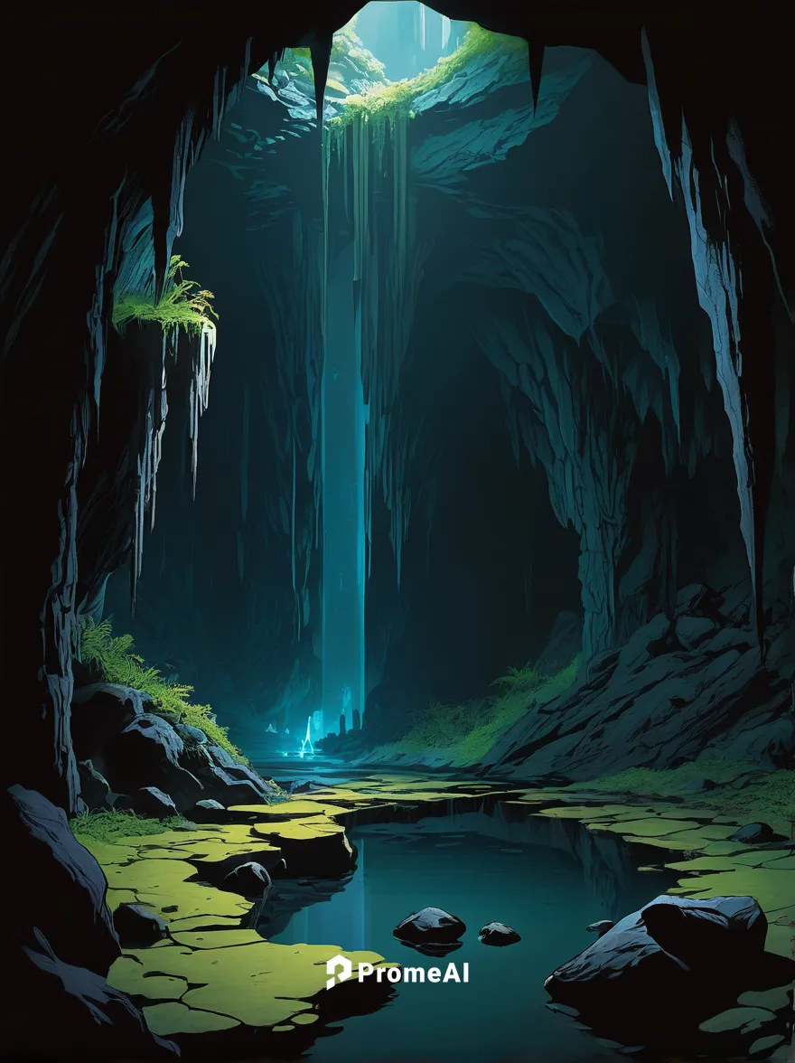 underdark environment, act 1 scene, stalactites, bioluminescent fungi, underground river, jagged rocks, dark atmosphere, mysterious shadows, ambient light, fantasy setting, cavernous space, moist text