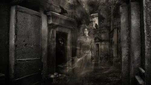 the dark image of a woman in a ghostly costume stands at an open door of a building,creepy doorway,ruelle,obscura,the threshold of the house,lost place,bolthole