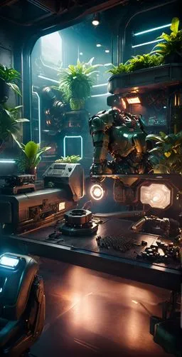 Table with Gaming setup, gaming monitor, plants, armchair ,sci fi surgery room,research station,ufo interior,scifi,ship releases,collected game assets,sci-fi,sci - fi,mining facility,stations,sci fi,c