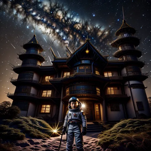 astronomer,sci fiction illustration,astronautics,lost in space,fantasy picture,photo manipulation,astronomy,starscape,spacesuit,astronaut,photomanipulation,planetarium,digital compositing,space art,mission to mars,space port,dream world,space voyage,tobacco the last starry sky,observatory