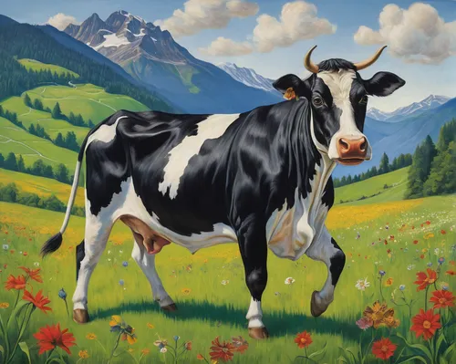 Write a lively description of an Appenzeller cow frolicking in a Swiss meadow.,alpine cow,holstein cow,holstein cattle,holstein-beef,cow,zebu,red holstein,dairy cow,holstein,cow icon,mountain cow,moo,