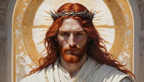 Red-headed Jesus, Crown of Thorns, long red hair, gentle eyes, pale skin, white robe with golden trim, flowing cloak, nailed hands, serene expression, subtle smile, divine aura, majestic background, s