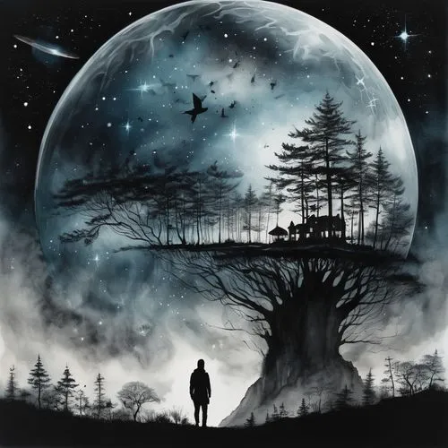 moonsorrow,fantasy picture,penumbral,moon and star background,moonchild,otherworld,mirkwood,moon phase,fantasy art,druidry,hanging moon,dream world,unseelie,silhouette art,moonbeams,the night sky,emancipator,dream art,sci fiction illustration,magic tree,Illustration,Realistic Fantasy,Realistic Fantasy 02