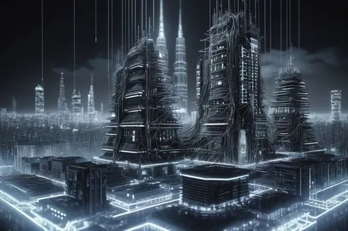 arcology,cybercity,metropolis,black city,futuristic landscape,futuristic architecture,cyberport,cybertown,cyberia,cyberworld,unbuilt,coruscant,ancient city,dystopian,neuromancer,areopolis,fantasy city,futurist,megastructures,scifi,Illustration,Black and White,Black and White 11