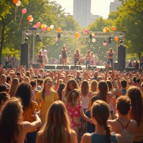 Vibrant community scene, diverse group of people, all ages, smiling faces, colorful clothing, outdoor amphitheater, city park, sunny afternoon, warm lighting, lush greenery, stage with microphones, mu