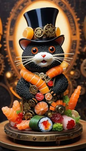 A unique and captivating photo of a Sushi-animal, crafted entirely out of millions of caviar. The Sushi-animal stands majestically, emanating a warm, yummy glow. Its arms are suspended gracefully, and