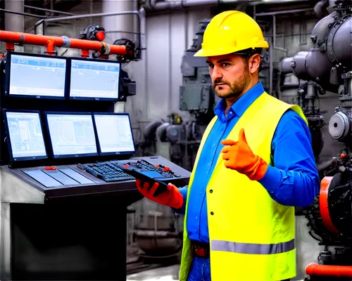 Geothermal power plant, industrial facility, steam turbine, pipes, valves, control room, digital screens, warning signs, hard hat, reflective vest, male engineer, gloves, tablet, walking, inspecting, 