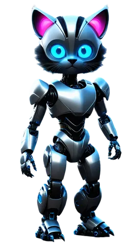 Cute AI animal, futuristic cybernetic enhancements, glowing blue eyes, metallic fur, robotic limbs, advanced sensors, sleek body, standing pose, dynamic action, shiny surface, neon lights, dark backgr