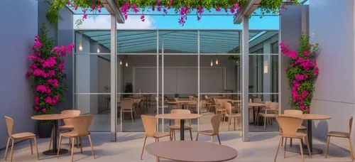 exterior view of rooftop restaurant having seating, pebble flooring, left wall has white stucco finish and blue color on highlighting wall. Parapet on right side. White color pergola with pink bougain