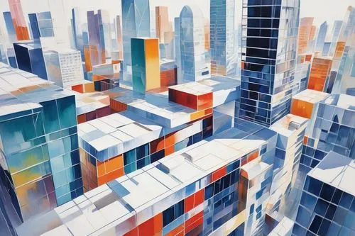 city blocks,ctbuh,microdistrict,tall buildings,glass blocks,skyscraping,city buildings,skyscrapers,highrises,high rises,urban towers,cityscape,glass facades,superblocks,city scape,cubes,buildings,cybercity,density,voxels,Conceptual Art,Oil color,Oil Color 10