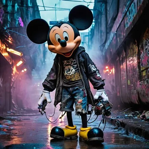 (homeless,cyberpunk)Mikey Mouse, (depraved, trashy, 9) and still rocking, (tongue out), (gritty background), (neon lights), (dilated pupils), (dust and smoke in the air), (dark alleyway), (graffiti-co