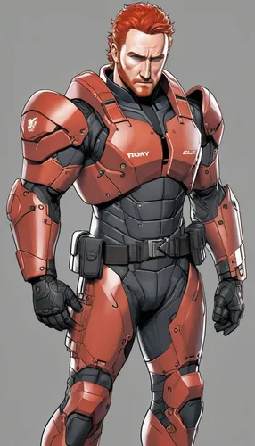 (Tony Curran) wearing (all red tactical gear), (body armor), (ruggedly handsome), (very muscular build), (very pale skin), (dark orange hair), (very short hair style), (full body picture), (intricate 