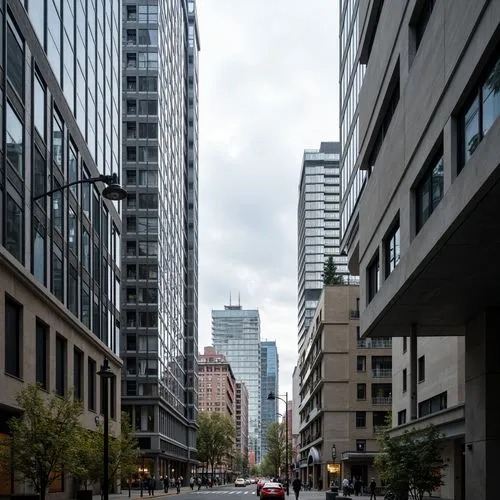 Modern urban skyscrapers, sleek glass facades, metallic tones, industrial chic aesthetic, neutral color scheme, concrete textures, steel beams, cityscape backdrop, cloudy day, soft diffused lighting, 