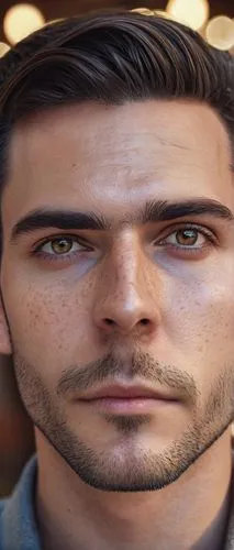 My face, AI-generated portrait, realistic skin texture, subtle facial hair, natural eyebrows, bright eyes with shine, light freckles, gentle smile, soft facial features, detailed nose and mouth, moder