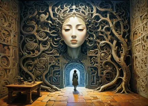 hall of the fallen,the threshold of the house,mirror of souls,fantasy art,the door,surrealism,the collector,priestess,mysticism,threshold,esoteric,fantasy picture,labyrinth,portal,sci fiction illustration,biomechanical,shamanic,mystical portrait of a girl,keyhole,chamber,Illustration,Realistic Fantasy,Realistic Fantasy 08