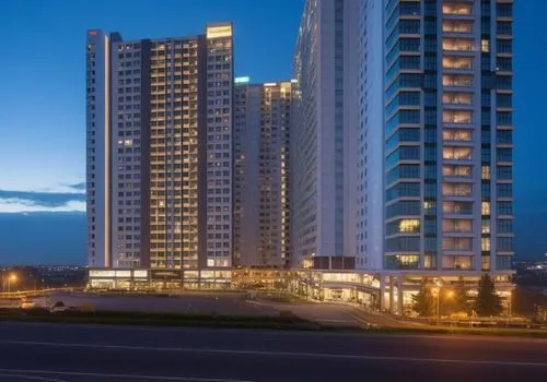 A residential tower at night, glass window, city night, vehicles, people, shopping mall, traffic lights ,zorlu,songdo,residential tower,zelenograd,mgimo,danyang eight scenic,capitaland,evagora,leedon,