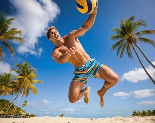 Funny, humorous, comedic, athletic male, muscular build, Speedos, bright colors, stripes, bold patterns, beach volleyball player, jumping high, spiking ball, dynamic pose, sunny day, blue sky, white p