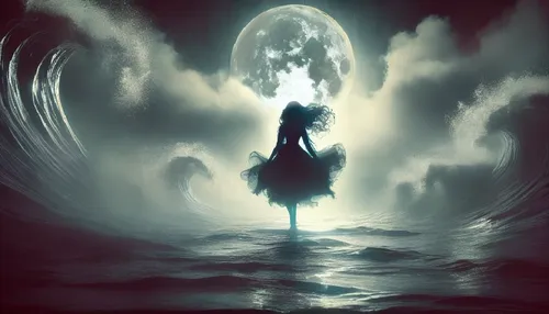 a woman standing on top of a wave in the ocean,charybdis,fathom,maelstrom,patronus,god of the sea,albedo