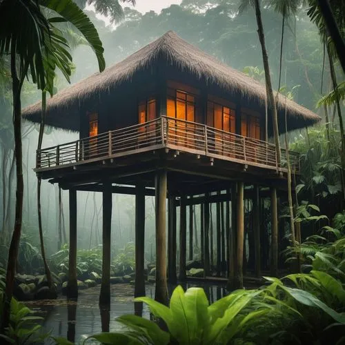 stilt house,tropical house,cabana,asian architecture,house in the forest,tanoa,korowai,teahouse,tropical forest,longhouse,baan,vietnam,dojo,tropical jungle,polynesian,forest house,cabanas,house by the water,pool house,shaoming,Conceptual Art,Oil color,Oil Color 13