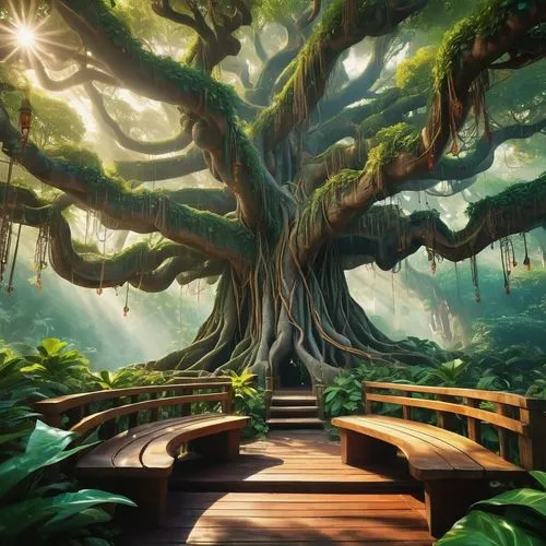 yggdrasil,cartoon video game background,tree of life,magic tree,rosewood tree,tree top path,banyan,the japanese tree,forest tree,celtic tree,arbor,enchanted forest,tree canopy,cartoon forest,ghibli,elven forest,rainforests,flourishing tree,fairy forest,tree grove,Illustration,Realistic Fantasy,Realistic Fantasy 39