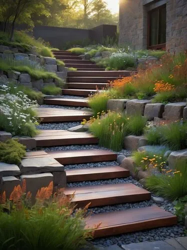 stone ramp,corten steel,stone stairs,landscape design sydney,japanese zen garden,zen garden,winding steps,landscape designers sydney,landscaped,stone garden,japanese garden,wooden path,rockeries,walkway,pathway,stone stairway,garden design sydney,landscaping,climbing garden,nature garden,Conceptual Art,Sci-Fi,Sci-Fi 01