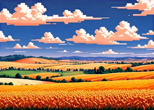 wheat field,wheat fields,plains,cornfield,corn field,pixel art,grain field panorama,landscape background,grain field,rural landscape,barley field,mushroom landscape,farm landscape,wheat crops,fields,straw field,field of cereals,landscape,crops,autumn landscape,Unique,Pixel,Pixel 01