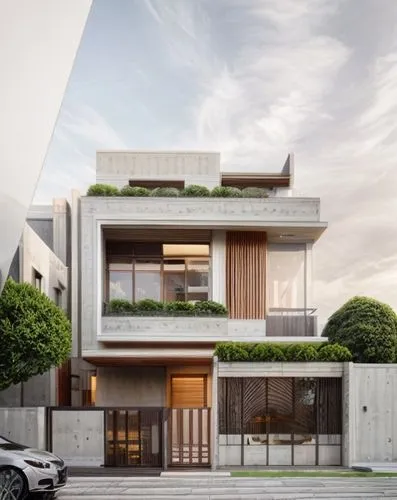 wood , white, good lighting, realistic render with planting and flowering plants, dusk view, marble,modern house,modern architecture,residential house,cubic house,residential,dunes house,cube house,tw