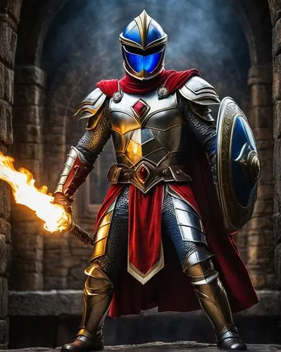 Medieval Power Rangers, mighty warrior, male, muscular build, silver armor, red cape, golden helmet, blue eyes, sword in hand, shield on back, standing heroically, epic background, dark ages, medieval