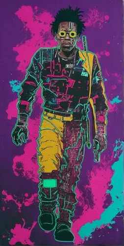 cyberpunk, vaporwave, syfy, 1990,a man walking with a neon colored background,bebop,krang,ramirez,uzi,ecomog,odb,Art,Artistic Painting,Artistic Painting 51