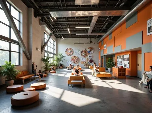 Deconstructivist school interior, fragmented walls, irregular shapes, bold color contrasts, industrial materials, exposed ductwork, polished concrete floors, steel beams, minimalist furniture, eclecti