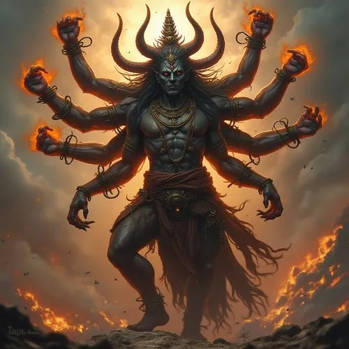 Ten headed Hindu mythological demon Ravana,a person on fire with horns and fire in his hands,bhairava,mahadeva,narasimha,vitthal,bhairav,chhinnamasta,tandava,mahasena,mahishasura,mahakali,god shiva,lo