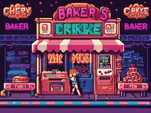 bakery,retro diner,cake shop,bake,diner,pastry shop,baker,jukebox,baked goods,neon cakes,donut illustration,ice cream shop,shopkeeper,bake sale,pixel art,retro background,kitchen shop,pâtisserie,retro styled,80's design,Unique,Pixel,Pixel 04