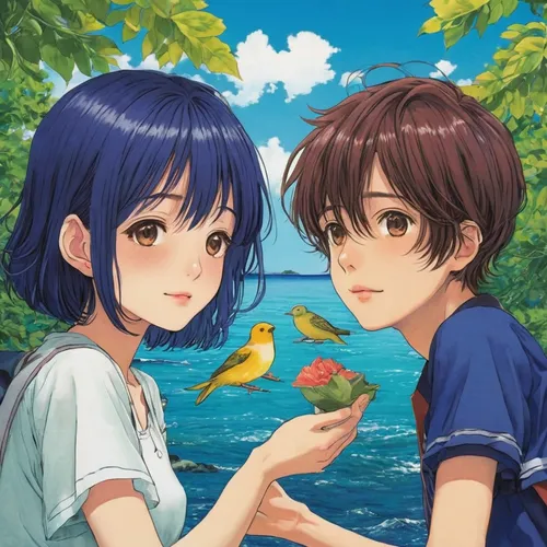 hiyayakko,malasada,fruits of the sea,blue fish,two fish,summer fruit,kumquats,citrus,tropical fish,fishes,blue sea,fruits,watery heart,blue hawaii,gap fruits,leaf background,strawberries,kumquat,tropical fruits,honolulu,Illustration,Japanese style,Japanese Style 18