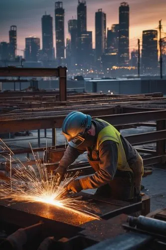 Modern architectural steel fabrication, industrial setting, massive machinery, metallic textures, intricate details, welding sparks, blueprints scattered on workbenches, giant metal beams, silver allo