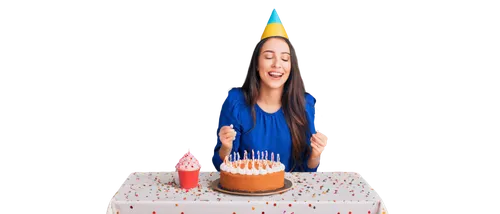 Happy girl, blowing candles, smile, closed eyes, throwing head back, party hat, colorful balloons, confetti, cake with lit candles, festive tablecloth, afternoon sunlight, soft focus, warm color tone,