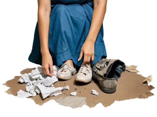 Broken, worn-out shoes, tattered clothes, dirty face, messy hair, hopeless expression, thin body, bony hands, begging bowl, crumpled paper, broken pencil, dim lighting, close-up shot, shallow depth of