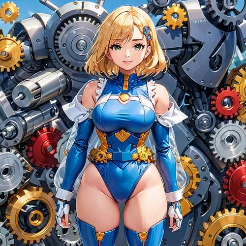 superheroine, female robot, femenine proportions, female chest, well endowed female chest, female breasts, curvaceous chest, female thighs, femenine body features, femenine face features, plastic exte