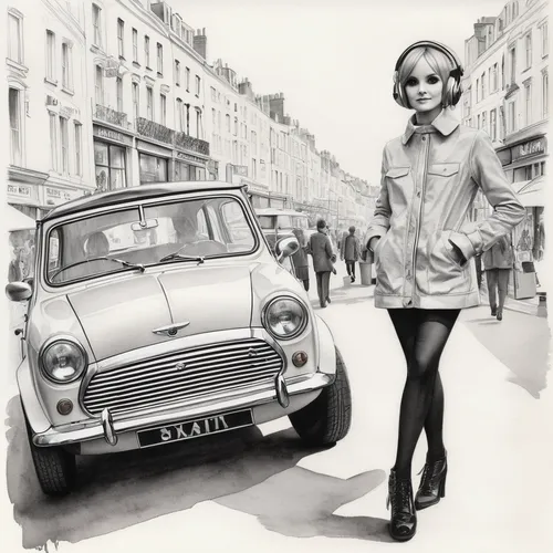 austin allegro,hillman minx,model years 1960-63,girl and car,triumph vitesse,simca,hillman imp,austin a30,mg midget,ford cortina,trabant,reliant scimitar,model years 1958 to 1967,triumph herald,austin a35,opel record,renault 8,austin a40 farina,ford anglia,triumph dolomite,Illustration,Black and White,Black and White 30