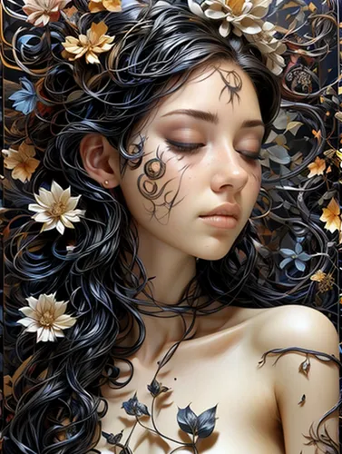 faerie,faery,dryad,fantasy art,fallen petals,fantasy portrait,flower fairy,fallen leaves,elven flower,mystical portrait of a girl,girl in flowers,wilted,dried petals,girl in a wreath,falling flowers,fractals art,fairy queen,body painting,cupido (butterfly),beautiful girl with flowers