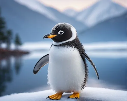 Adorable penguin, Aarakocra style, solo, (childlike), cute detailed eyes, tiny nose, yellow beak, fluffy white and black feathers, little flippers, icy blue background, snowy mountains, frozen lake, p