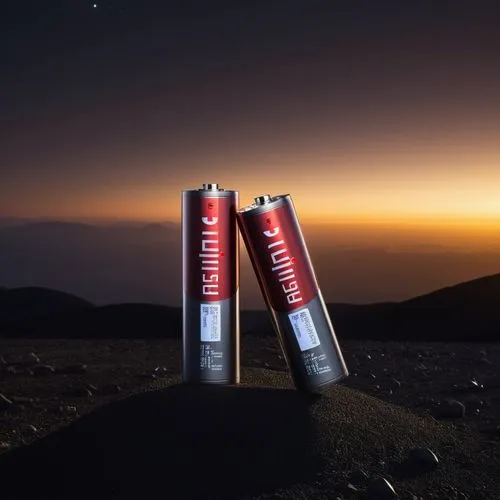 a fujitsu battery under the dark earth with dark sky background,two batteries sitting on top of a mountain under a cloudy sky,hornady,humira,cellmark,starmine,maglite,manfrotto tripod,Photography,Gene