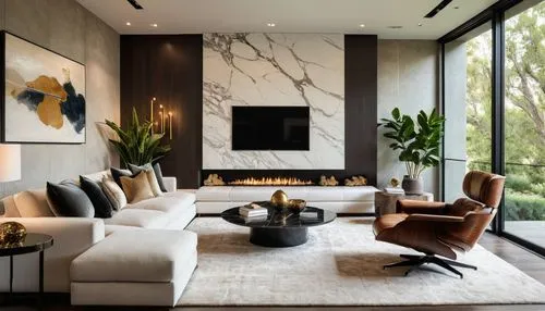 Modern luxury home interior design in American locations blends sophistication with comfort, embodying contemporary elegance. Clean lines, neutral palettes, and premium materials like marble, quartz, 