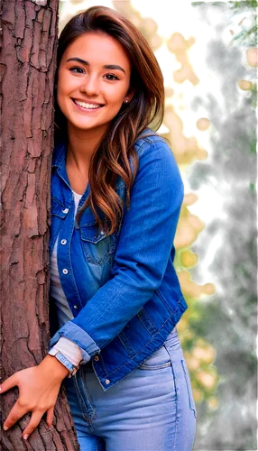 Hugging trees, young woman, nature lover, green thumb, casual clothes, denim jacket, ripped jeans, sneakers, messy brown hair, bright smile, gentle eyes, warm sunlight, afternoon ambiance, shallow dep