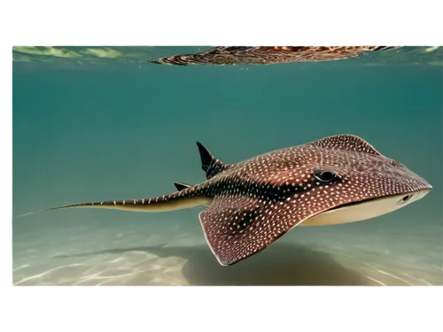 Stingray, underwater, brown body, white belly, long tail, venomous barb, swimming, calm ocean water, soft sunlight filtering through waves, 3/4 composition, shallow depth of field, warm color tone, ci