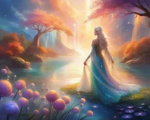 fantasy picture,fantasy landscape,fantasy art,mermaid background,faerie,galadriel,alfheim,fantasia,fairyland,fairy world,amphitrite,landscape background,dubbeldam,enchanted,dreamscapes,dreamscape,lorien,undine,faery,springtime background,Illustration,Realistic Fantasy,Realistic Fantasy 01