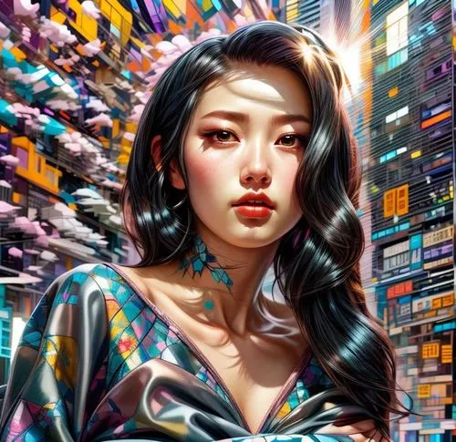 world digital painting,asian vision,asian woman,cyberpunk,colorful city,oriental girl,city ​​portrait,janome chow,japanese woman,cityscape,digital painting,fantasy portrait,hong,kowloon,sci fiction illustration,mulan,digital art,taipei,hk,fantasy art