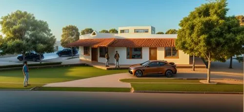 an orange house that is on the street,3d rendering,suburu,suburban,suburbia,3d rendered,render,3d render,bungalow,townhomes,bungalows,houses clipart,3d car model,street view,small house,driveways,subu