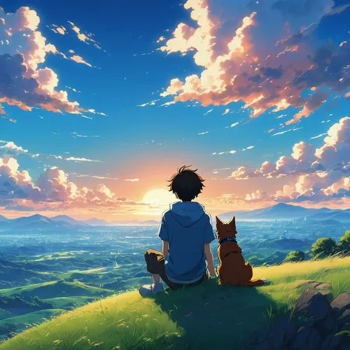 ghibli,studio ghibli,kizu,hisaishi,beautiful wallpaper,boy and dog,4k wallpaper 1920x1080,violet evergarden,sky,dream world,hosoda,hd wallpaper,atmosphere,zindagi,overlooking,dog and cat,escapism,summer sky,the horizon,ein,Illustration,Japanese style,Japanese Style 14